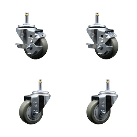 Service Caster 3'' Gray Poly Wheel Swivel 7/16'' Grip Ring Stem Caster Set 2 Brakes, 4PK SCC-GR20S314-PPUB-TLB-716138-2-S-2